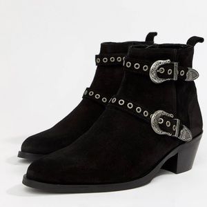 Black Suede Ankle Boots with Buckle Detail